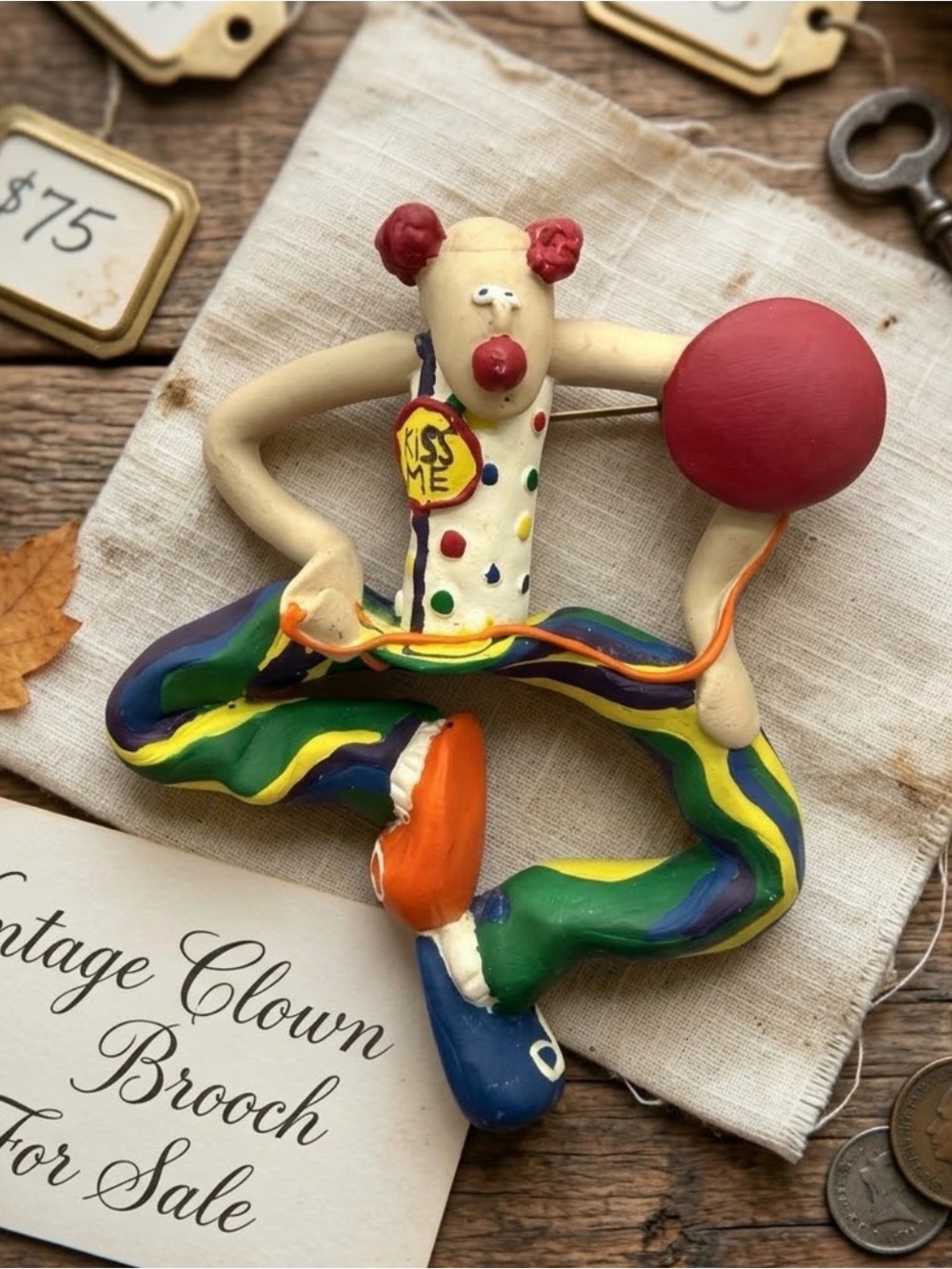 Vintage 1991 Tumbleweed Designs Multicolor Clown Large Brooch/Pin